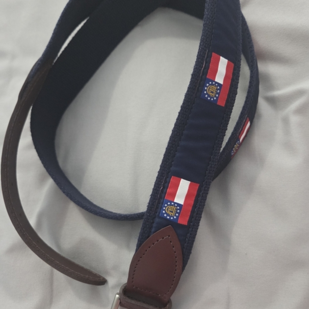 Georgia State Flag Embroidered Men's Belt From Belted Cow, 48 In. Navy/Brown